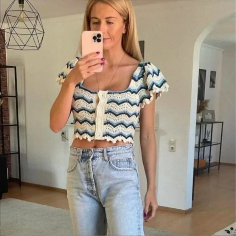 Zara knitted cotton top square neck blue ruffles